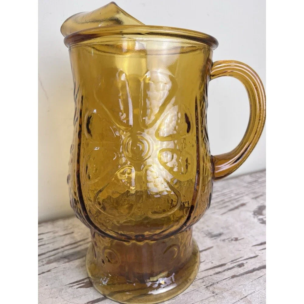 Vintage Libbey Glass Country Garden Daisy Amber 64 oz Ice Lip Pitcher Country